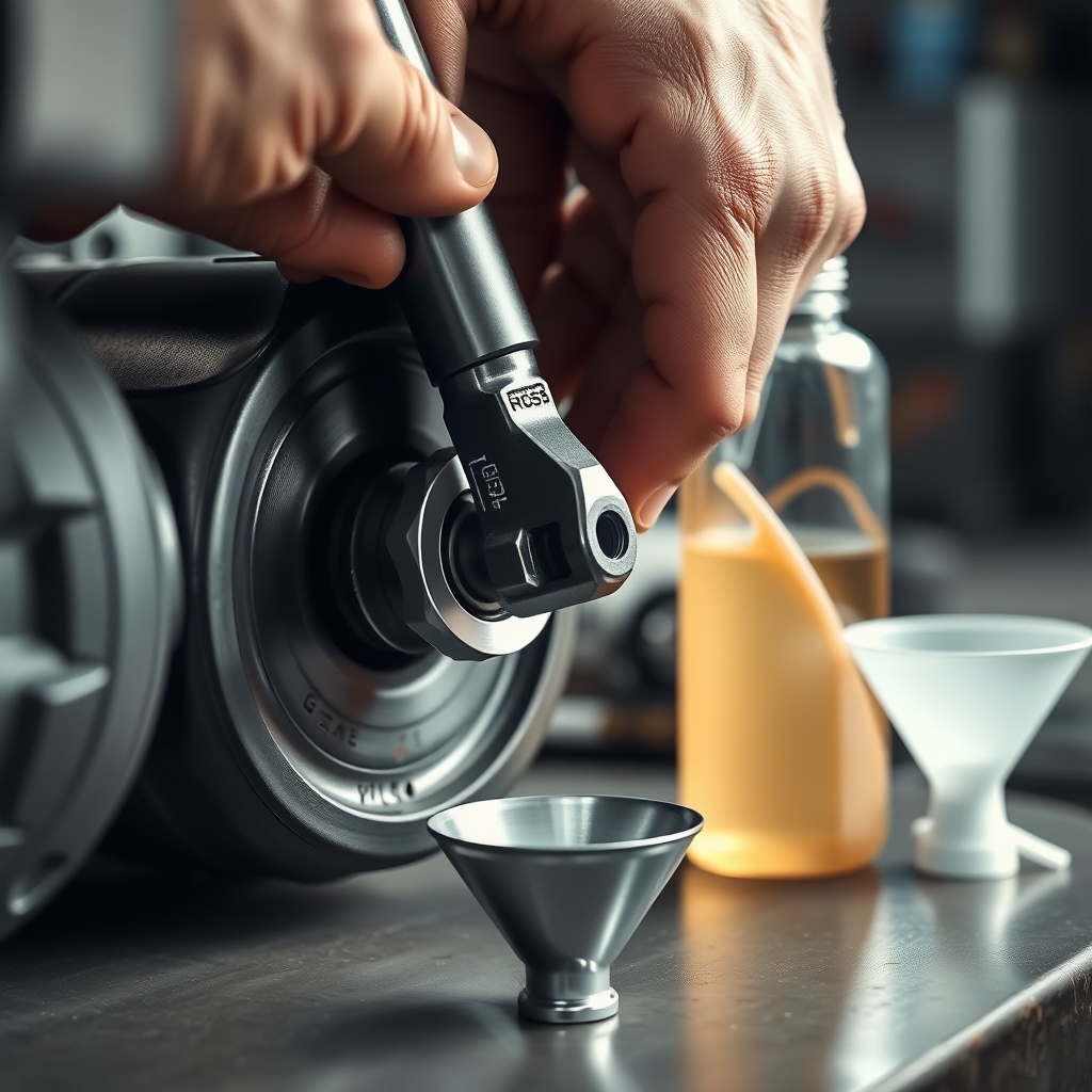 A detailed photorealistic photo of a mechanic's hands using a torque wrench on a different