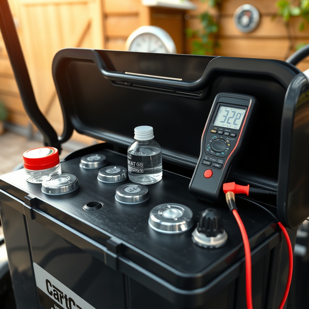 Close-up photorealistic photo of a CartCraft golf cart battery compartment with a hydromet