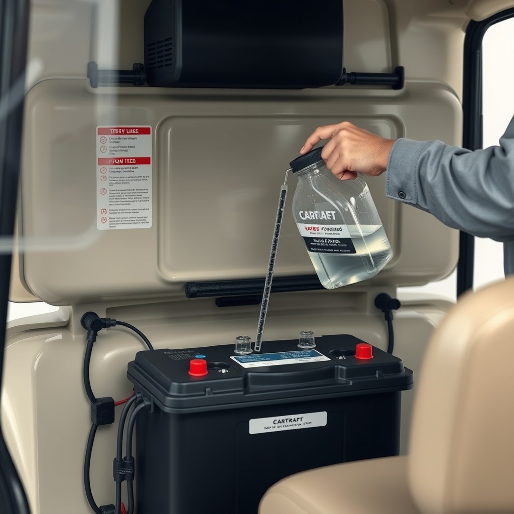 <A clean photorealistic photo showing a CartCraft golf cart battery compartment with a tec