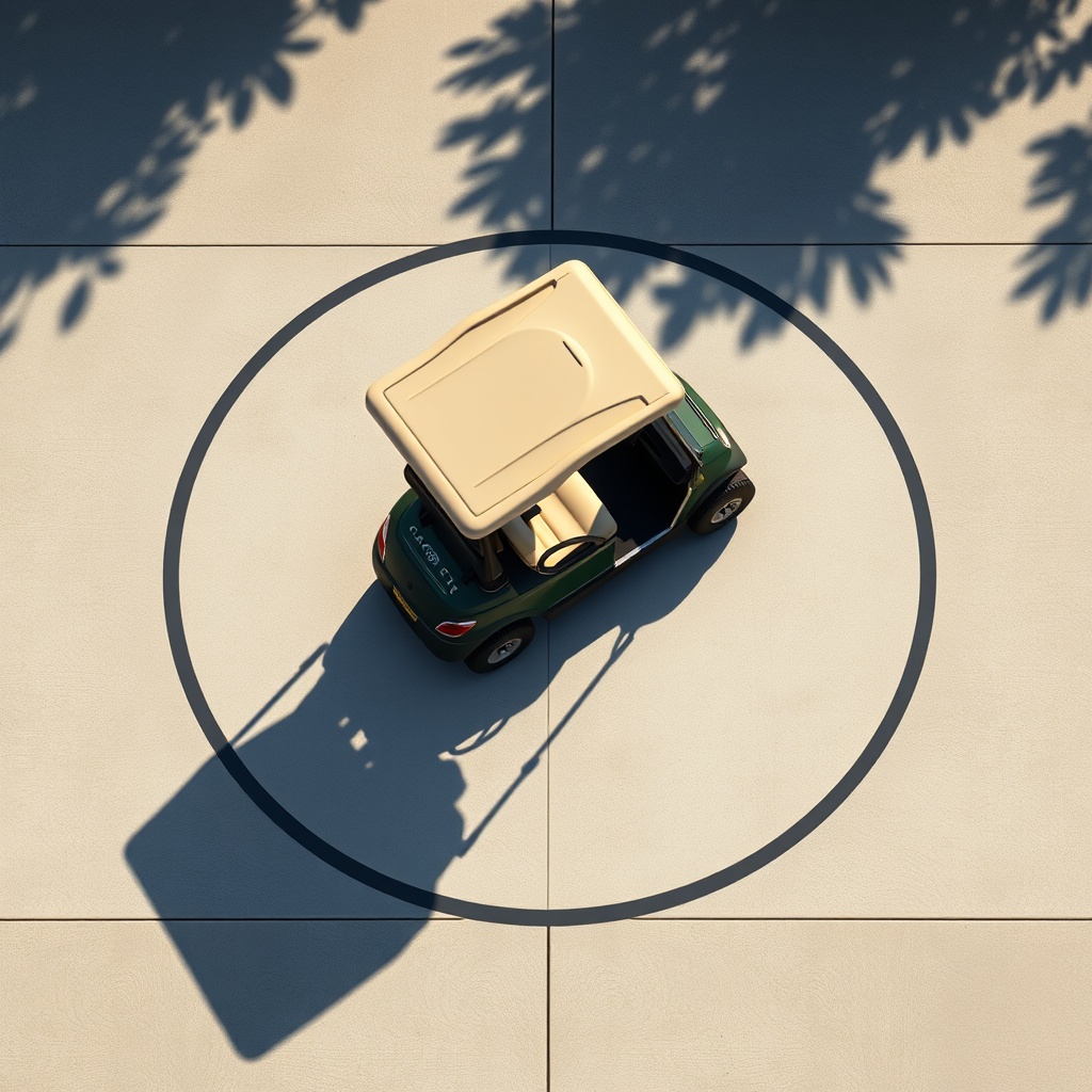 Photorealistic overhead shot of a CartCraft golf cart on a concrete pad