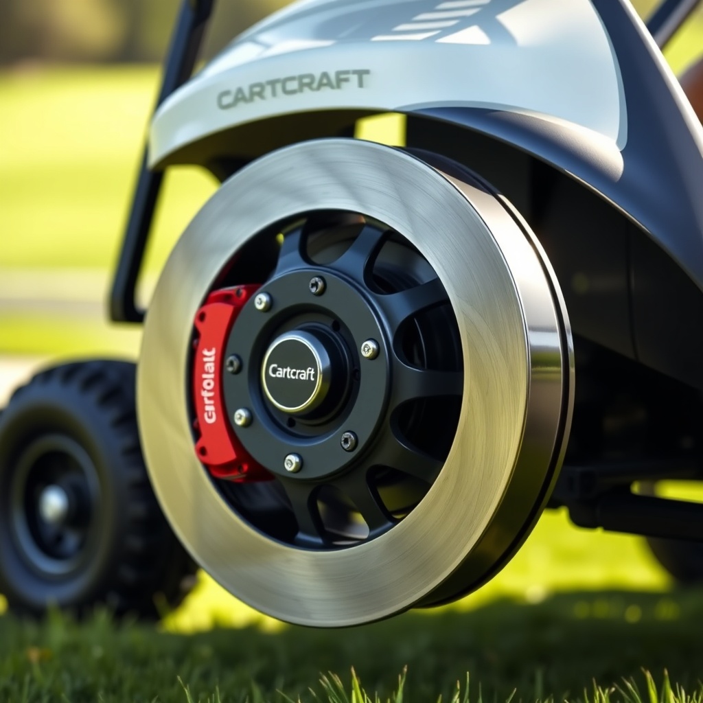 A photorealistic close-up shot of a CartCraft golf cart’s front wheel
