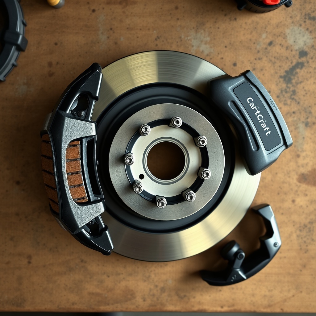 A photorealistic overhead shot of a CartCraft golf cart brake disc and caliper assembly on