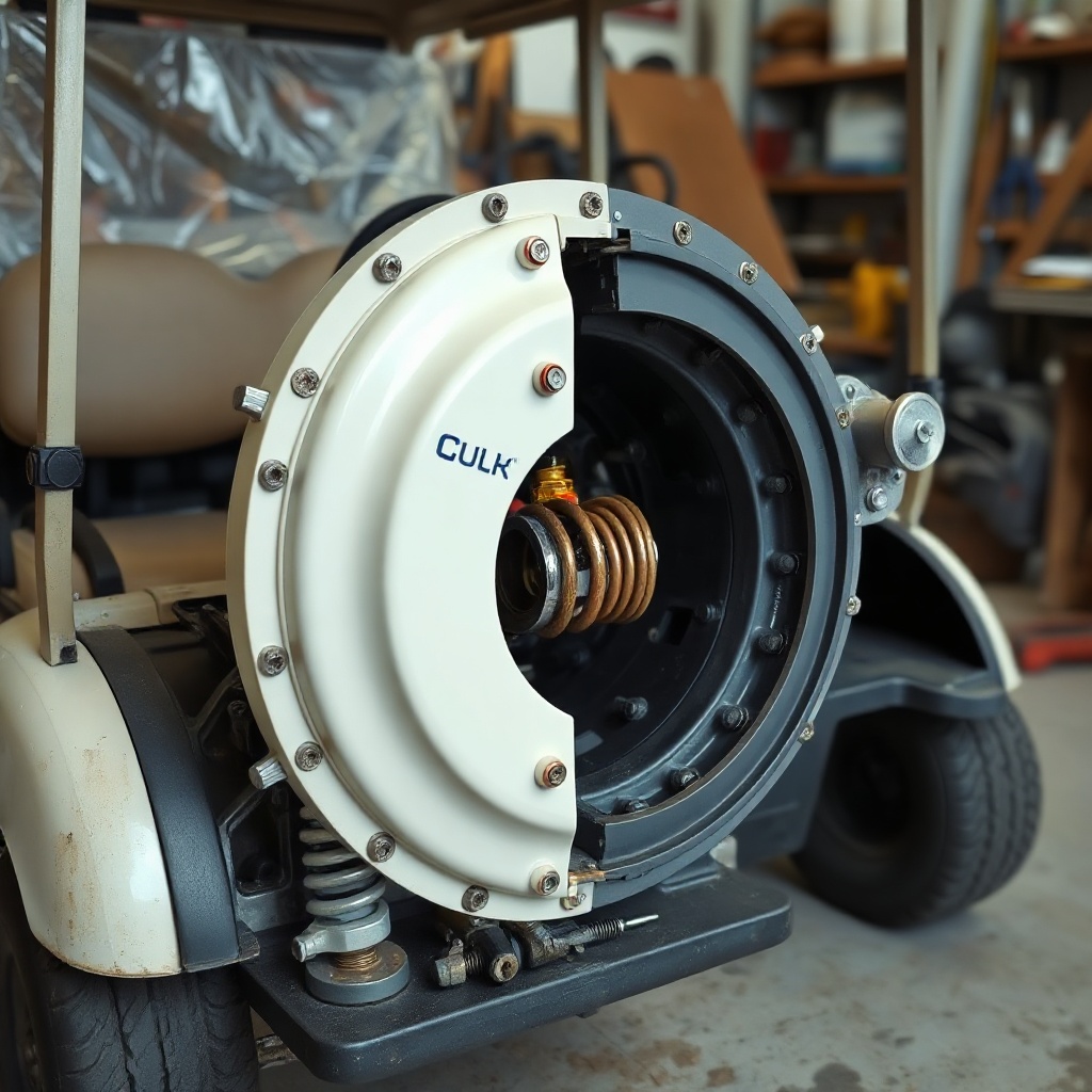 A clean photorealistic photo of a CartCraft golf cart with its clutch cover removed