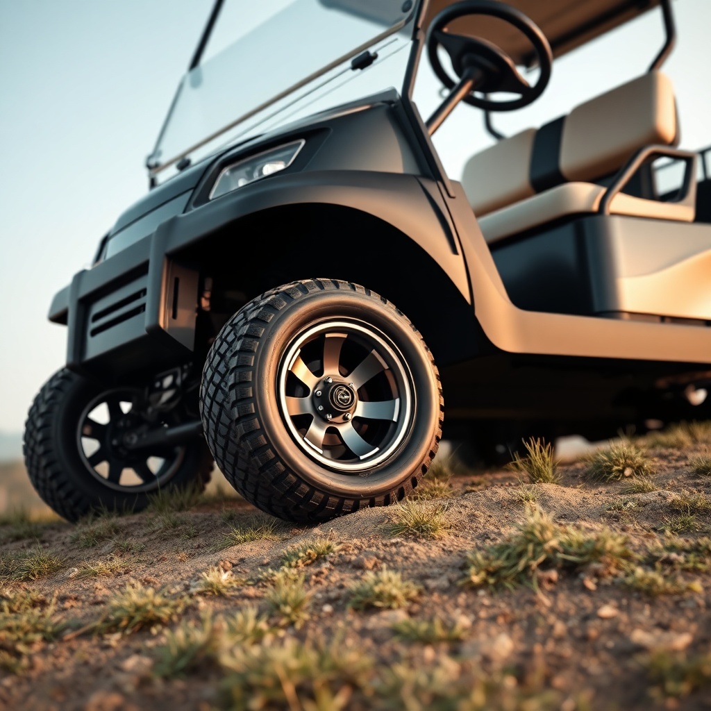A photorealistic shot of a CartCraft golf cart parked on a moderate hill