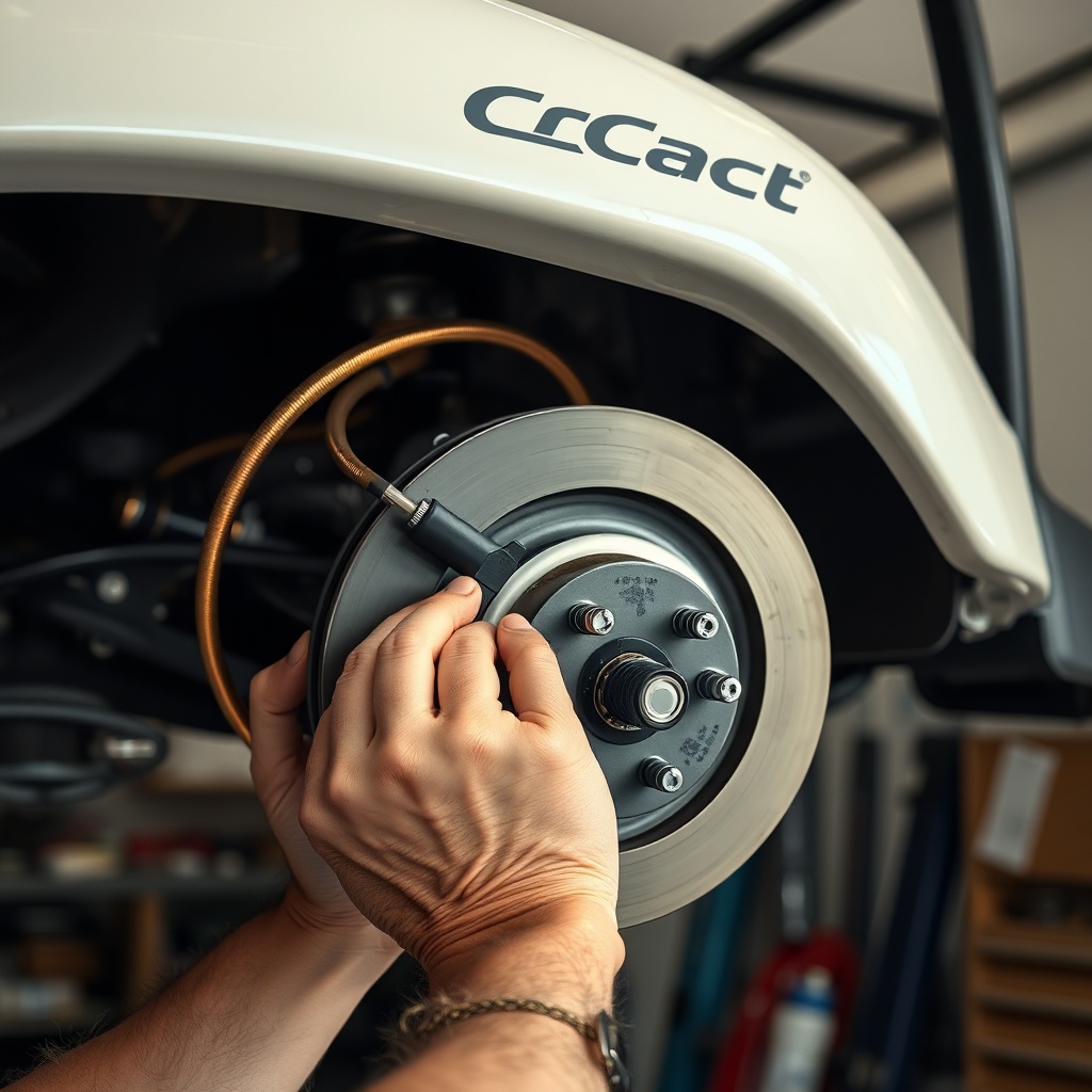 Two hands of a mechanic working under a CartCraft golf cart in a garage; copper-nickel bra