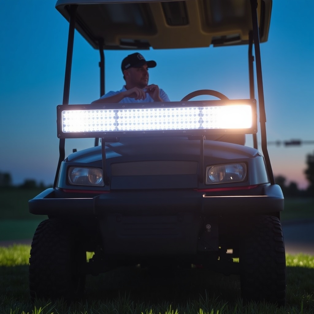 <clean photorealistic photo/illustration of a CartCraft golf cart with a 12-inch LED light