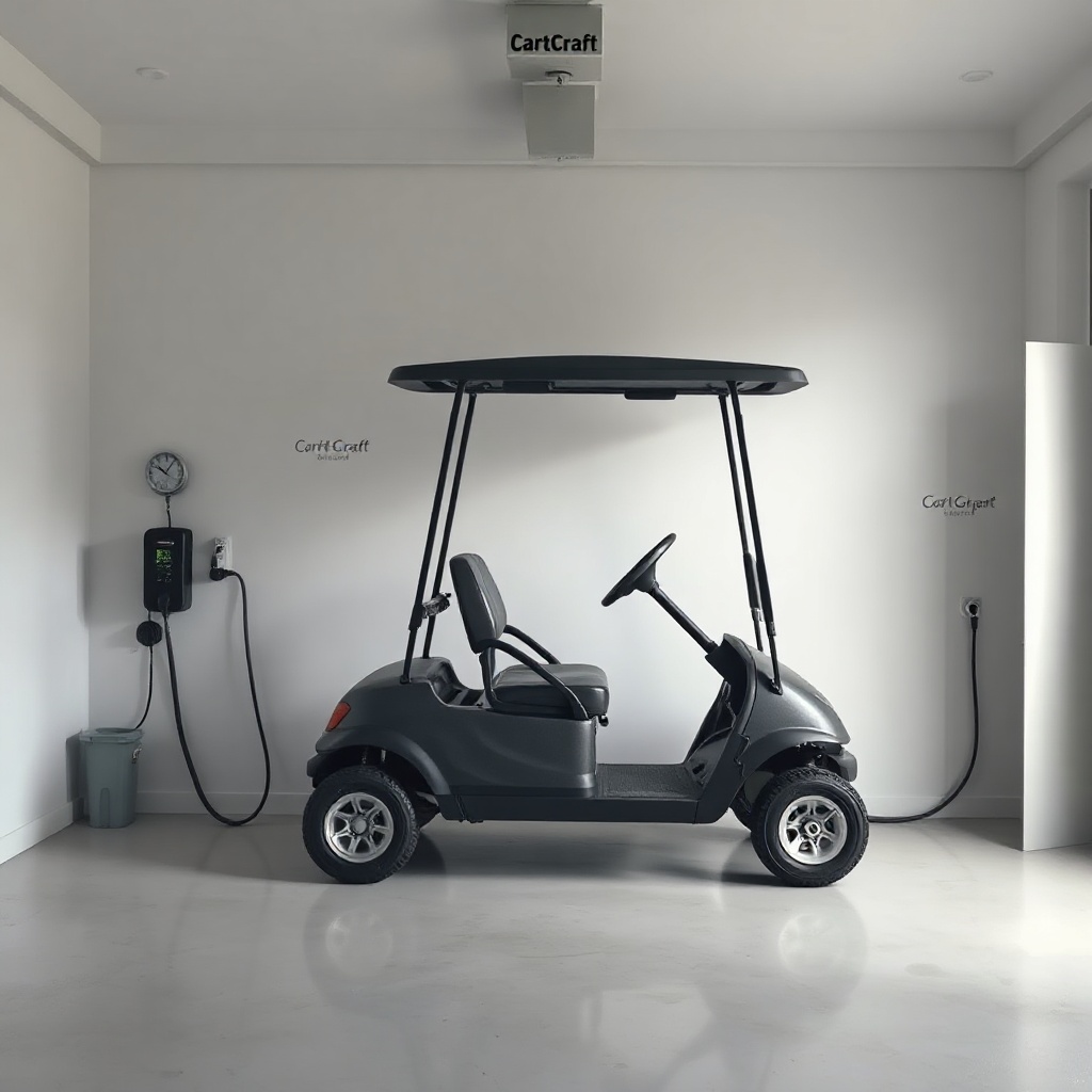 <A photorealistic photo of a CartCraft golf cart parked inside a ventilated garage with a