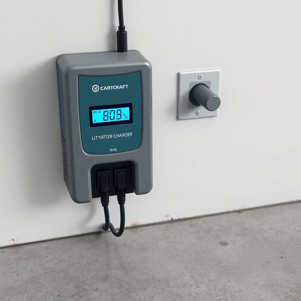 <A photorealistic close-up photo of a CartCraft lithium battery charger plugged into a wal
