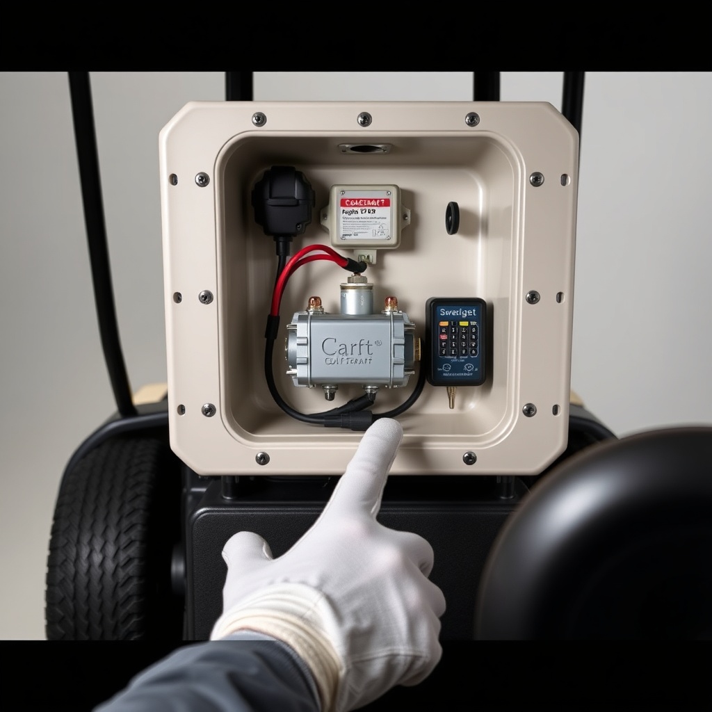 <clean photorealistic photo showing a CartCraft golf cart with its battery compartment ope