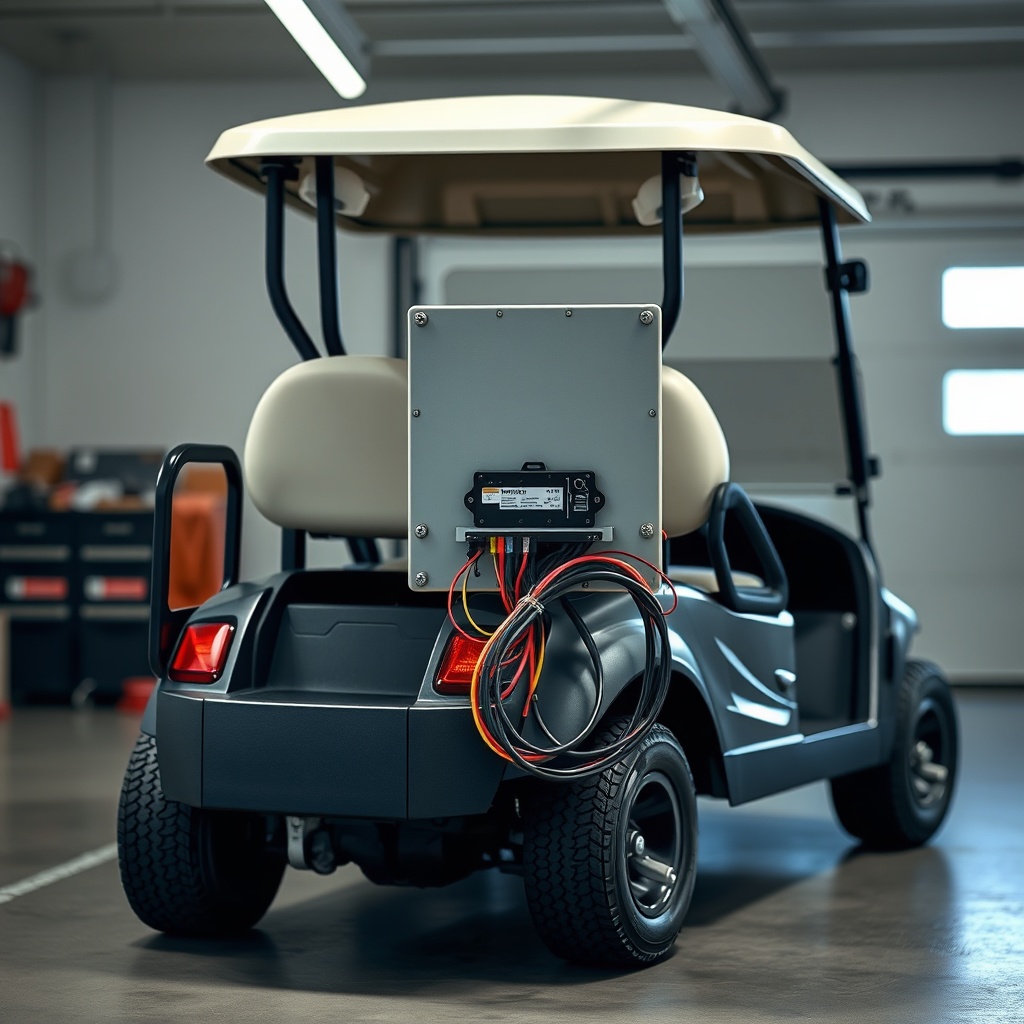 Clean photorealistic photo of a CartCraft golf cart’s motor controller module with wiring