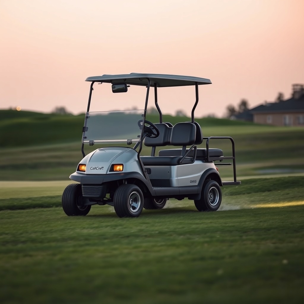 Clean photorealistic photo of a CartCraft golf cart accelerating on a grass fairway