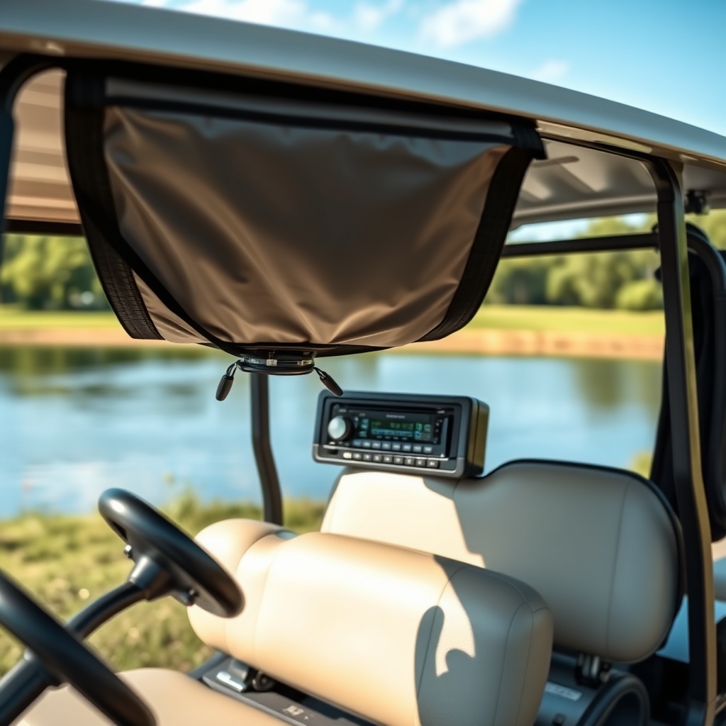 A clean photorealistic photo of a CartCraft golf cart with a marine-grade stereo installed