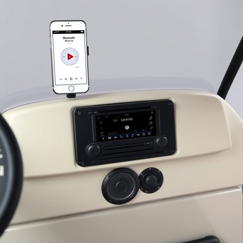 A clean photorealistic photo showing a finished CartCraft golf cart dashboard with a Bluet