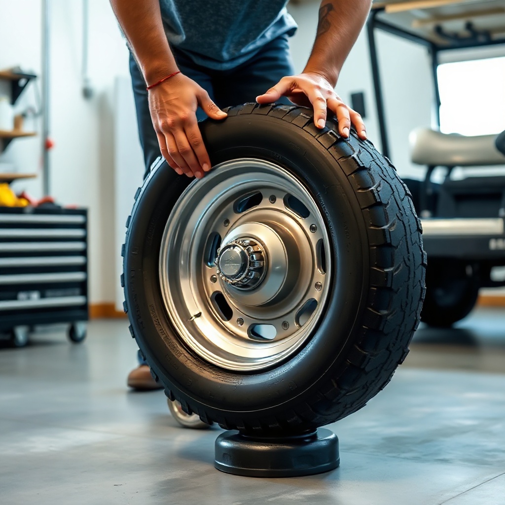 <A photorealistic photo of a CartCraft golf cart wheel being balanced on a bubble balancer
