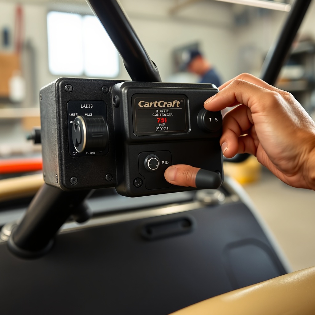 A clean photorealistic photo of a CartCraft golf cart's accelerator pedal and electronic t