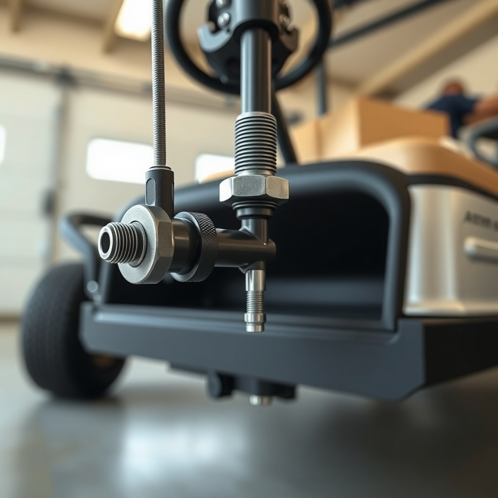 A photorealistic close-up of a CartCraft golf cart's accelerator pedal linkage