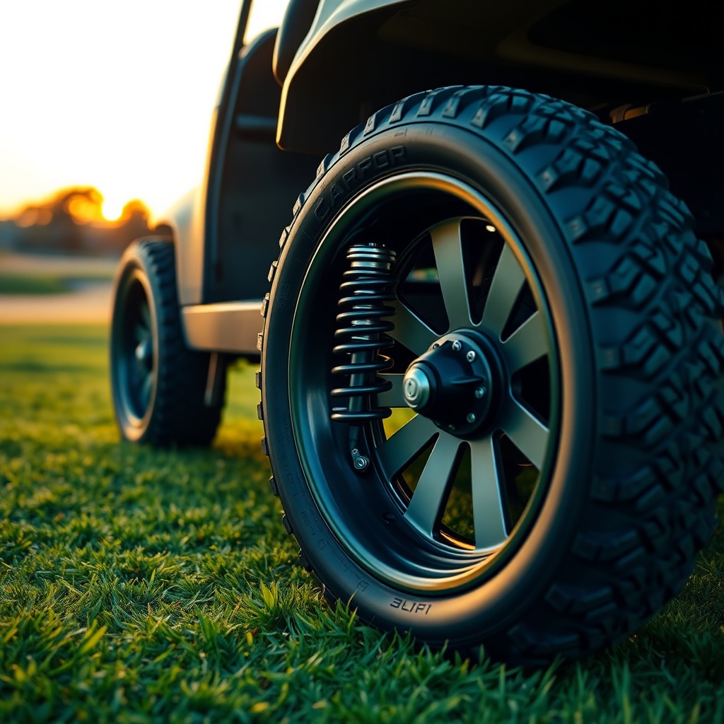 Photorealistic photo of a CartCraft golf cart parked on a green fairway at golden hour