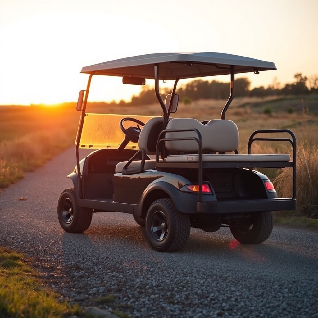 A clean photorealistic photo of a Club Car Onward 4 Passenger on a gravel path at sunset