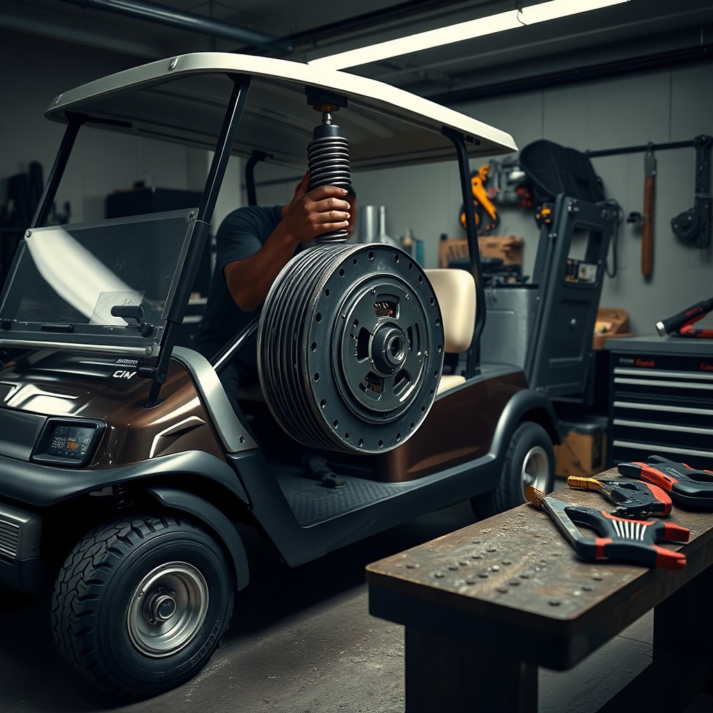 A clean photorealistic photo of a DIY mechanic installing a clutch spring on a Club Car On