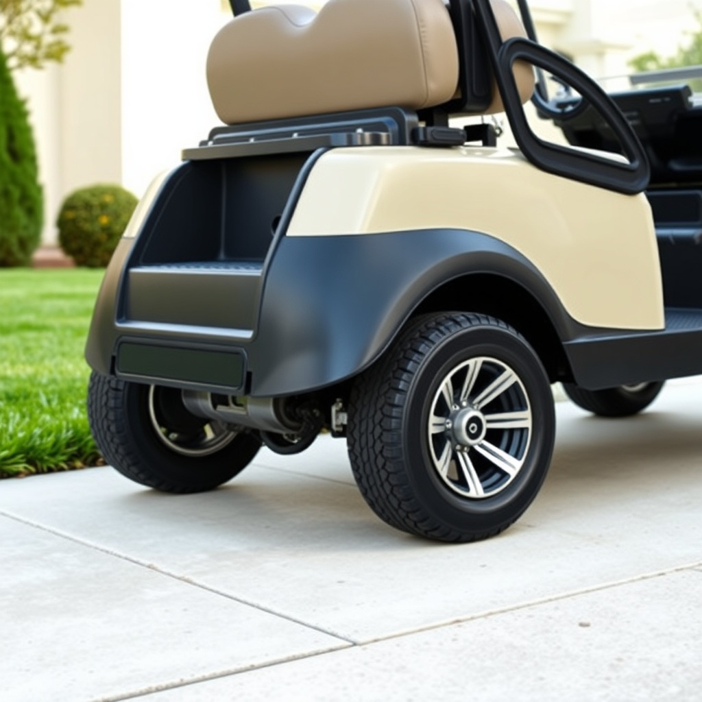 <A photorealistic side-view of a 2024 Club Car Onward 4 Passenger parked on a concrete dri