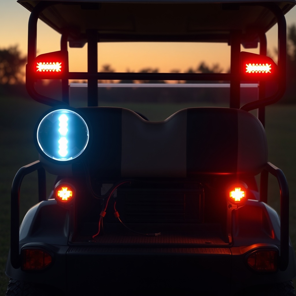 <Clean photorealistic photo of an EZGO TXT golf cart with aftermarket LED headlights and t