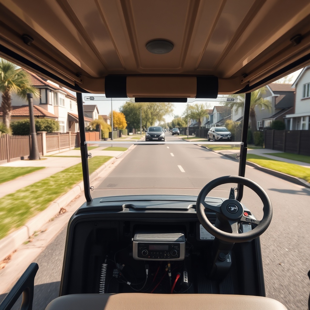 <a clean photorealistic photo of an EZGO TXT golf cart being driven on a sunny UK suburban