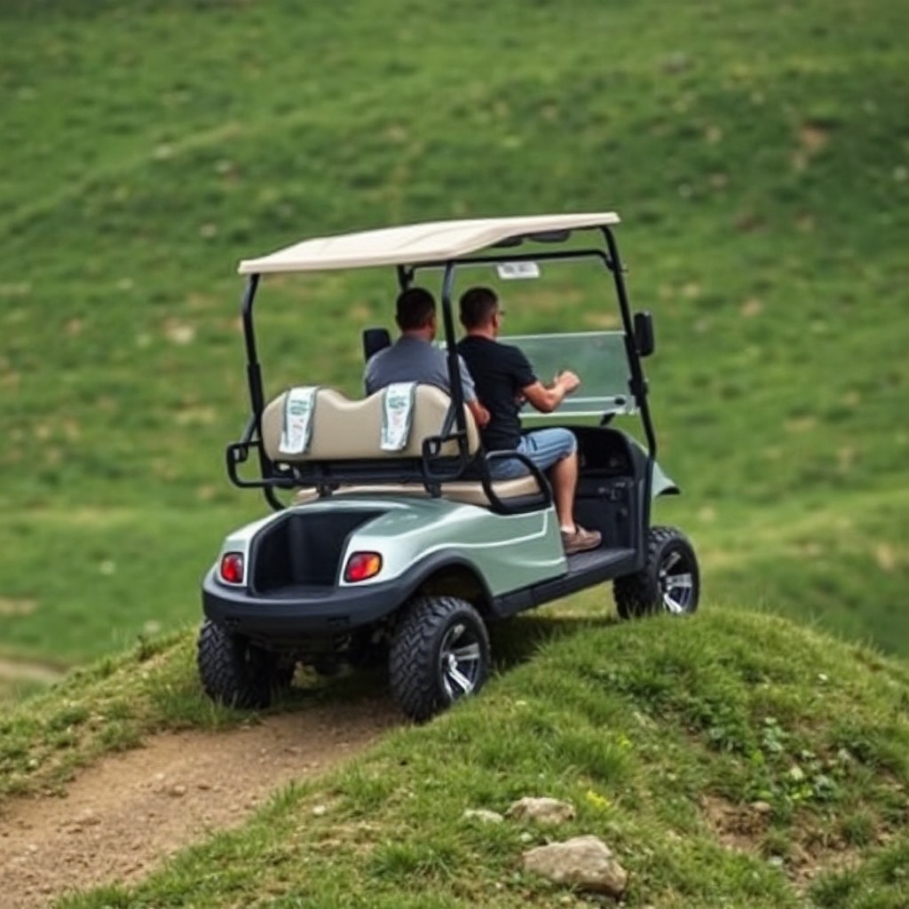 <a clean photorealistic photo of an EZGO TXT climbing a grassy hill with two people onboar