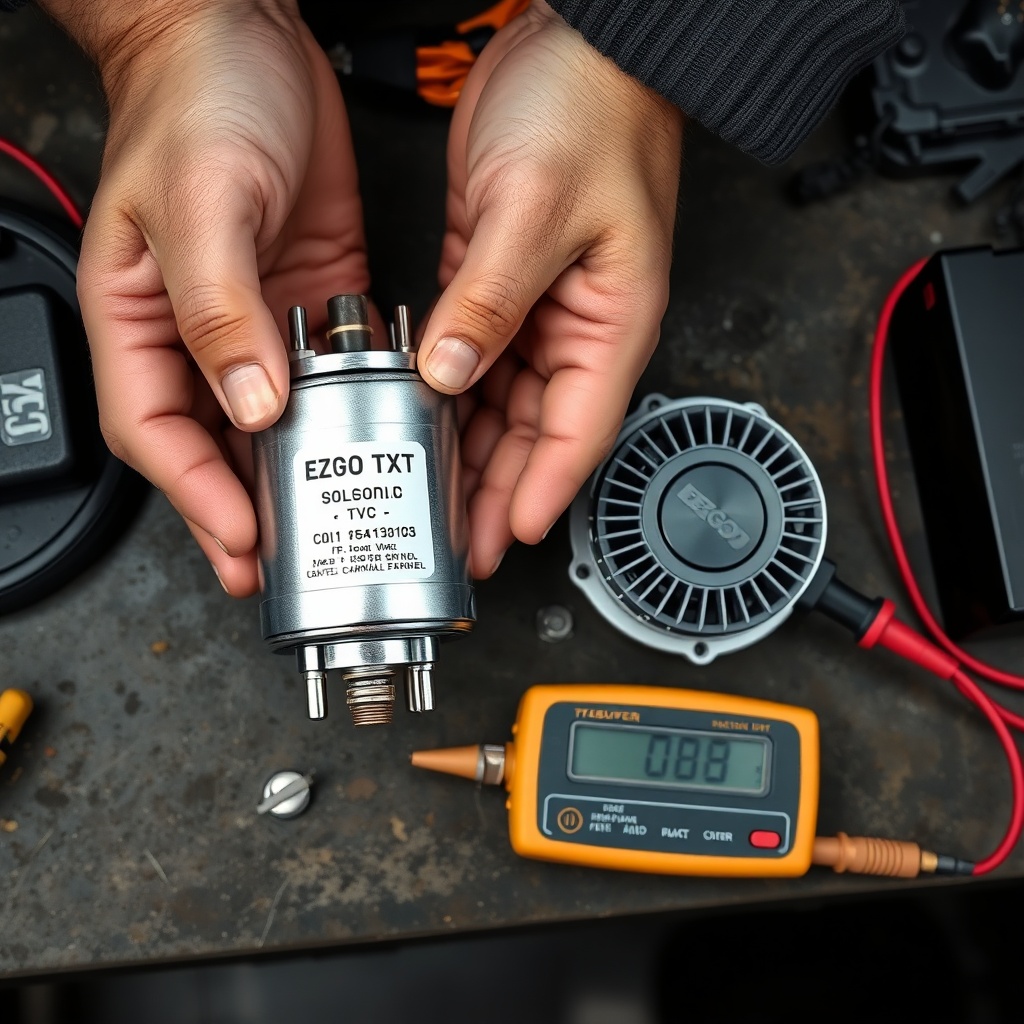 A clean photorealistic photo of a technician's hands holding a worn EZGO TXT solenoid next