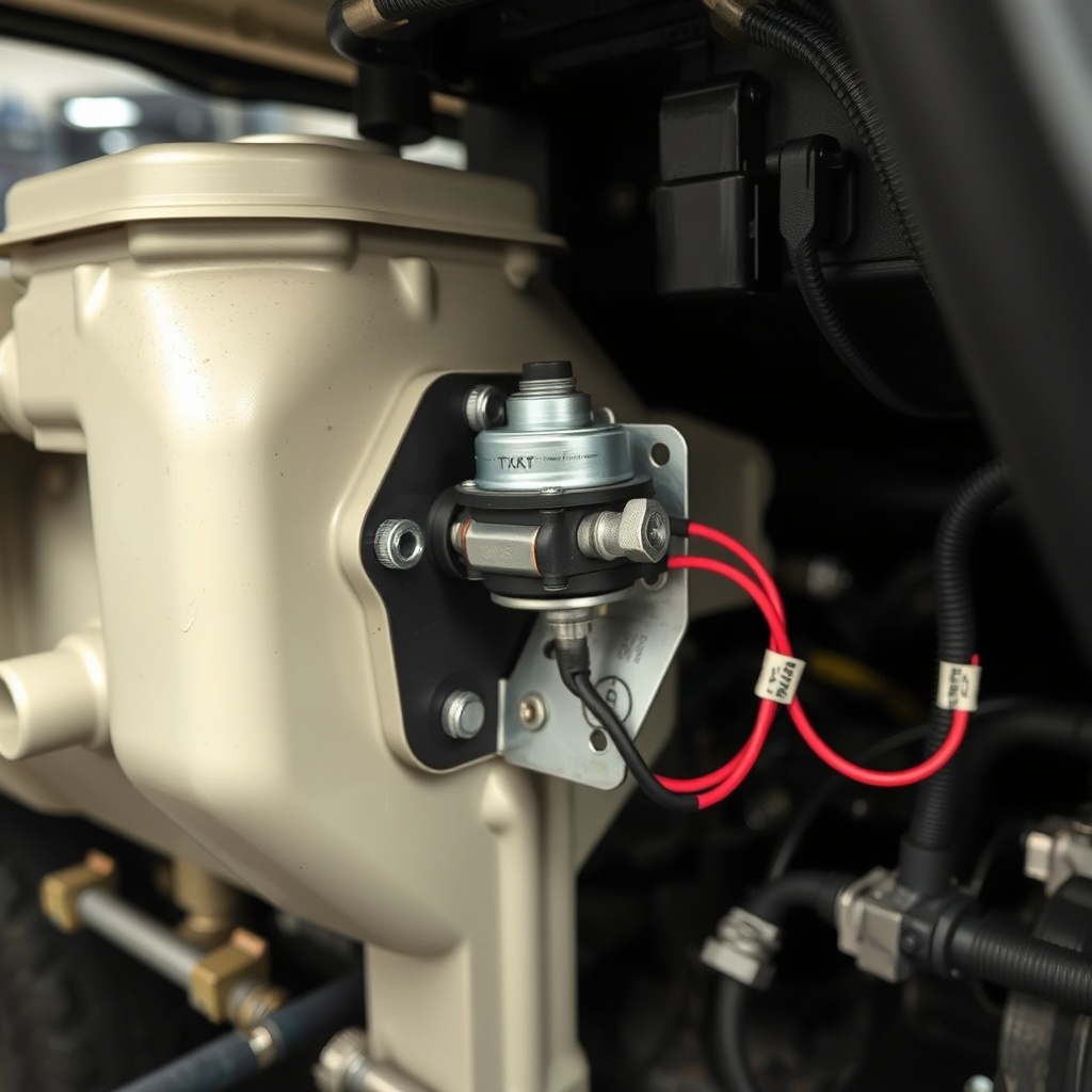 A photorealistic photo of an EZGO TXT golf cart's engine compartment after solenoid replac