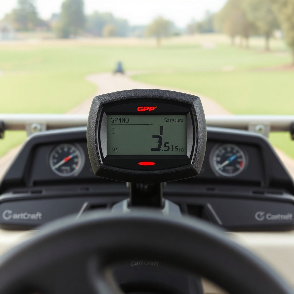 <clean photorealistic photo/illustration for a CartCraft golf cart with a GPS speedometer