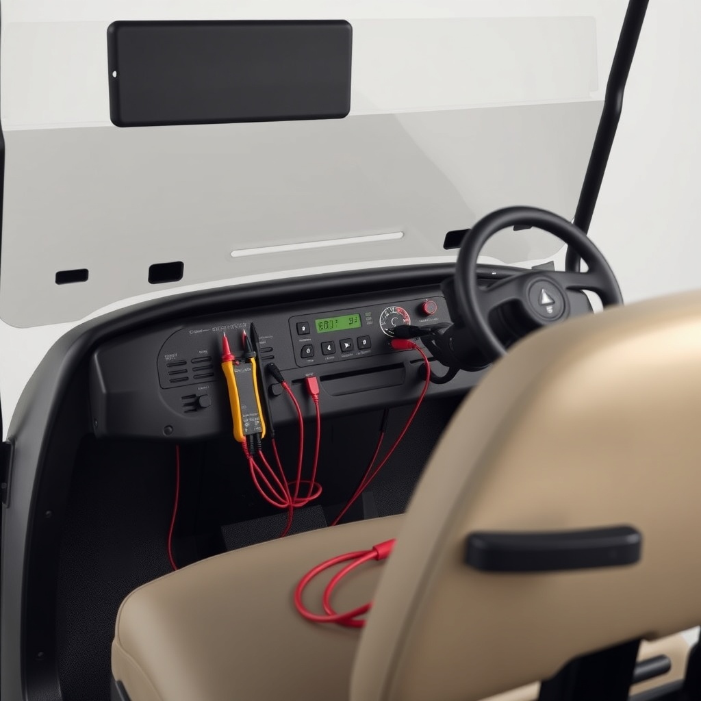A clean photorealistic photo of a CartCraft golf cart dashboard area with a multimeter pro