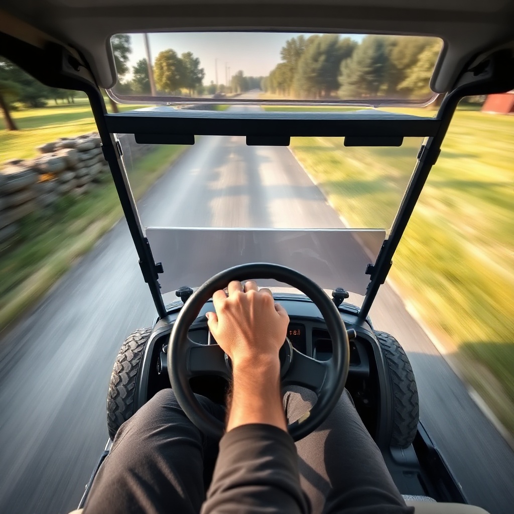 A clean photorealistic photo of a CartCraft golf cart driving on a paved path