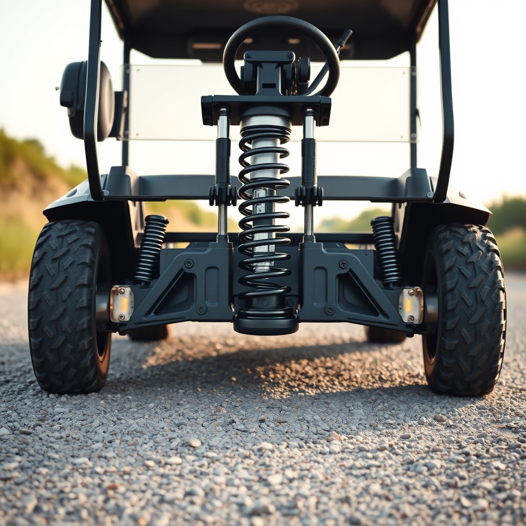 A clean photorealistic photo of a CartCraft golf cart on a gravel path