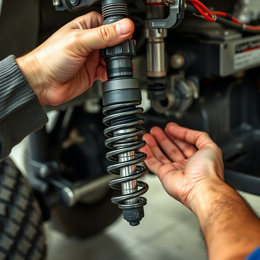 A clean photorealistic photo of a mechanic's hands installing a coil-over shock on a CartC