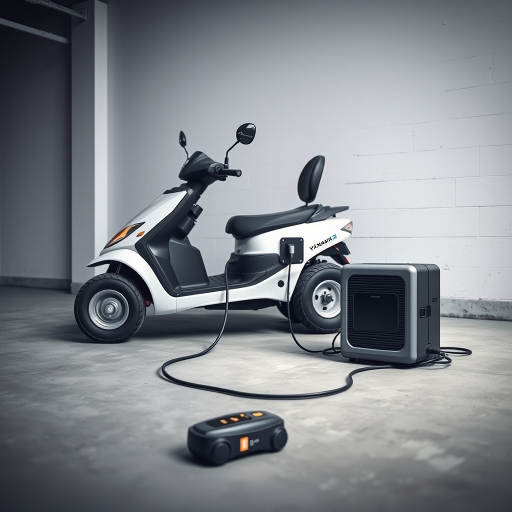 A clean photorealistic photo of a Yamaha Drive2 PTV parked in a garage