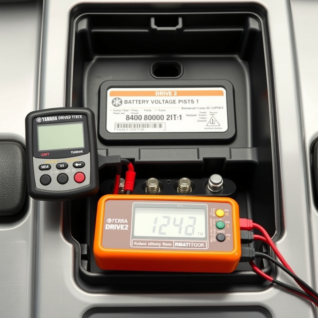 A clean photorealistic photo showing a Yamaha Drive2 PTV's battery compartment open