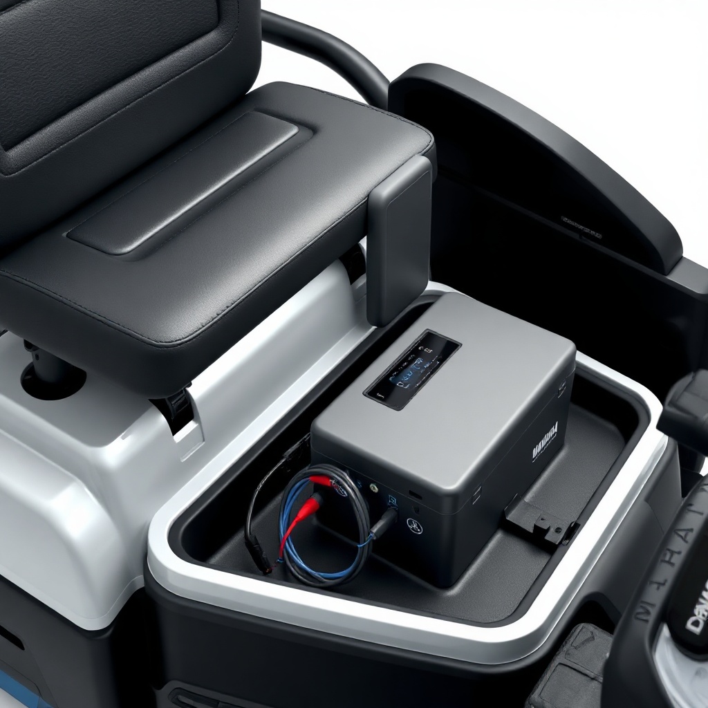 A clean photorealistic photo of a Yamaha Drive2 PTV with its seat tilted up