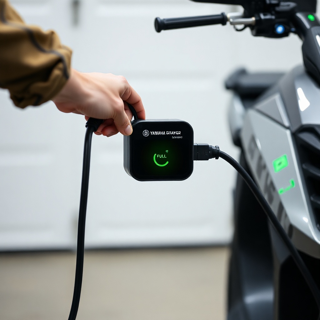 A clean photorealistic photo of a person plugging a dedicated lithium charger into a Yamah